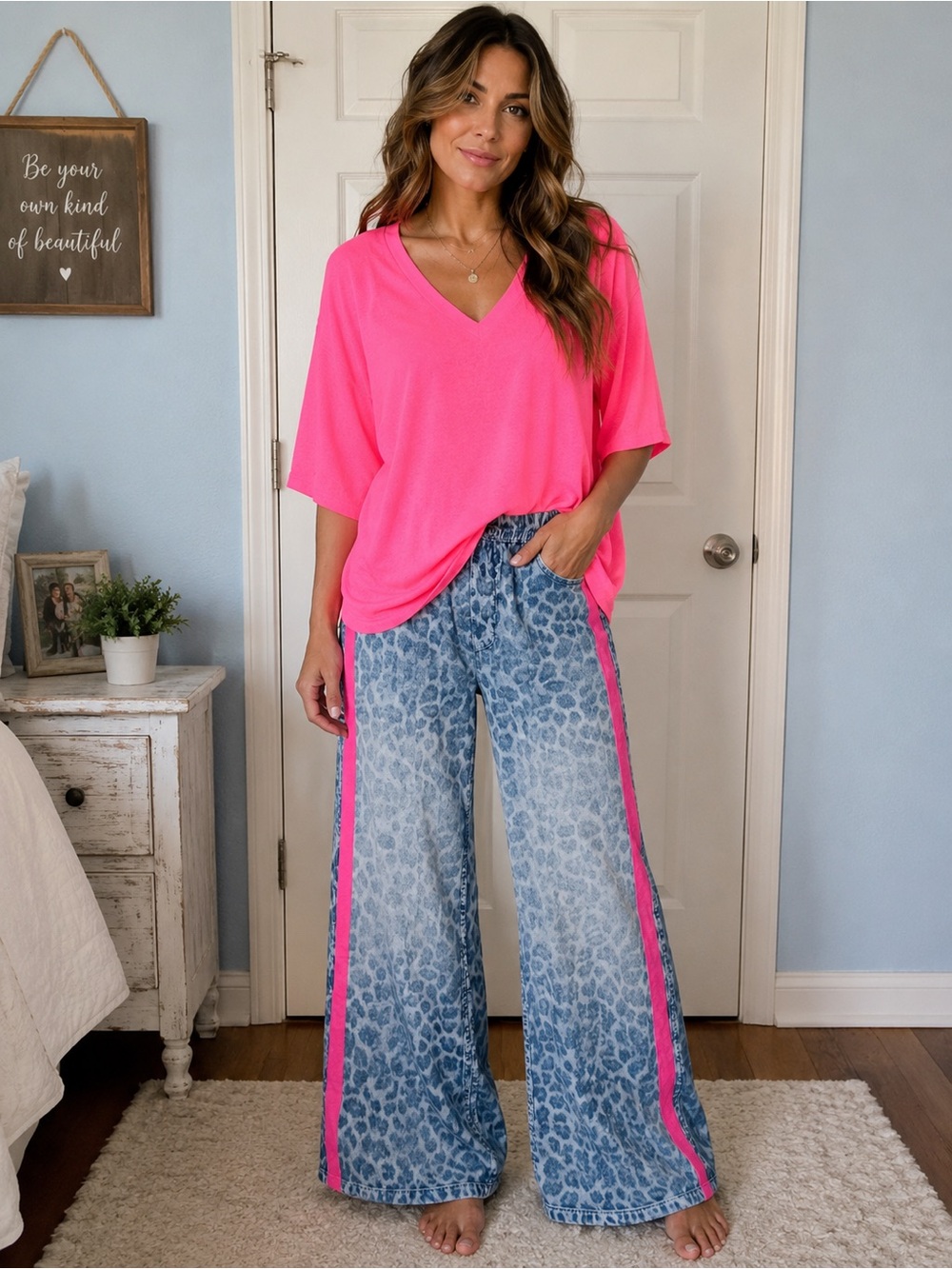 Pink Oversized V-Neck Tunic Top short sleeve
